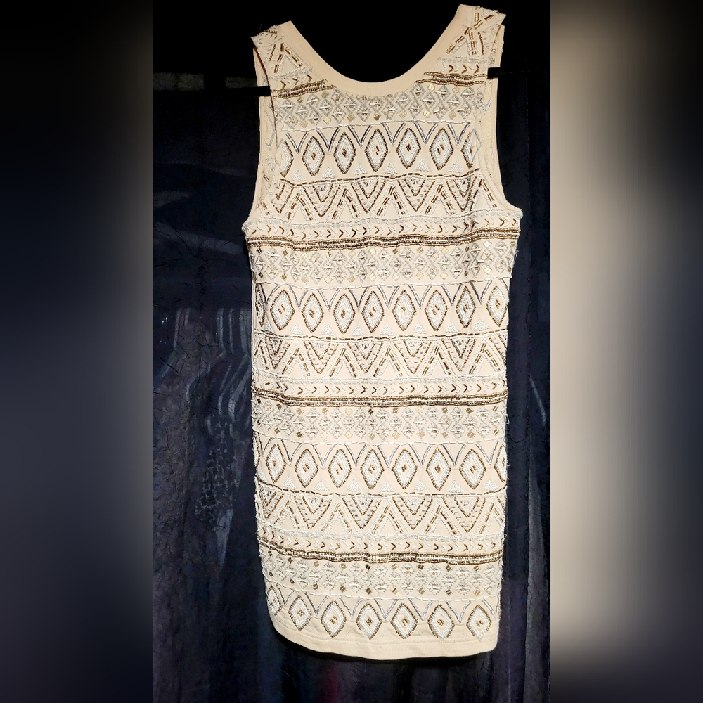 Free People Tan Cotton Scoop Back Beaded Embroidered Mini Dress